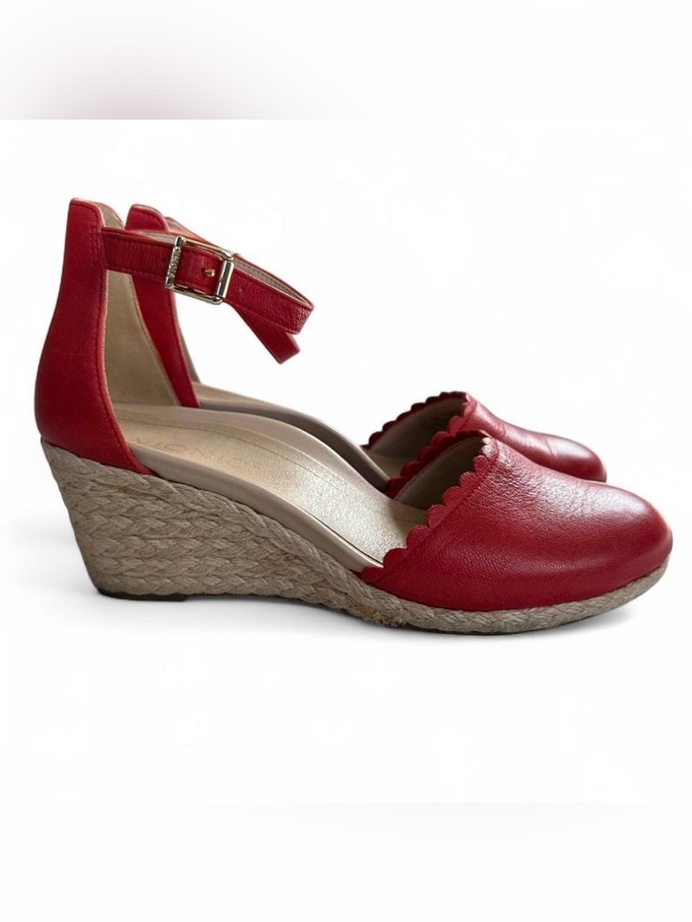 Vionic Aruba Anna Red Leather Espadrille Closed Toe Wedges Scallop Women's Sz 8 - Picture 4 of 8